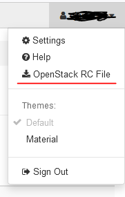 Screenshot showing the user menu, with the "OpenStack RC File" underlined