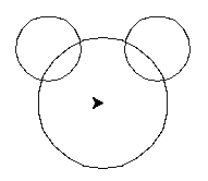 Kuvakaappaus esimerkkiympyröistä, iso ympyrä (säde 60, keskipiste 0, 0) ja kaksi pienempää (säde 30, keskipisteet -50, 50 ja 50, 50). Piirtokursori osoittaa ison ympyrän keskipisteeseen.